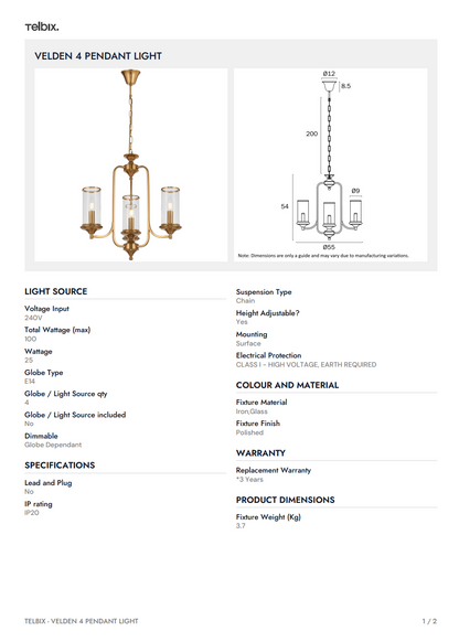 VELDEN 4 Pendant Light - Copper