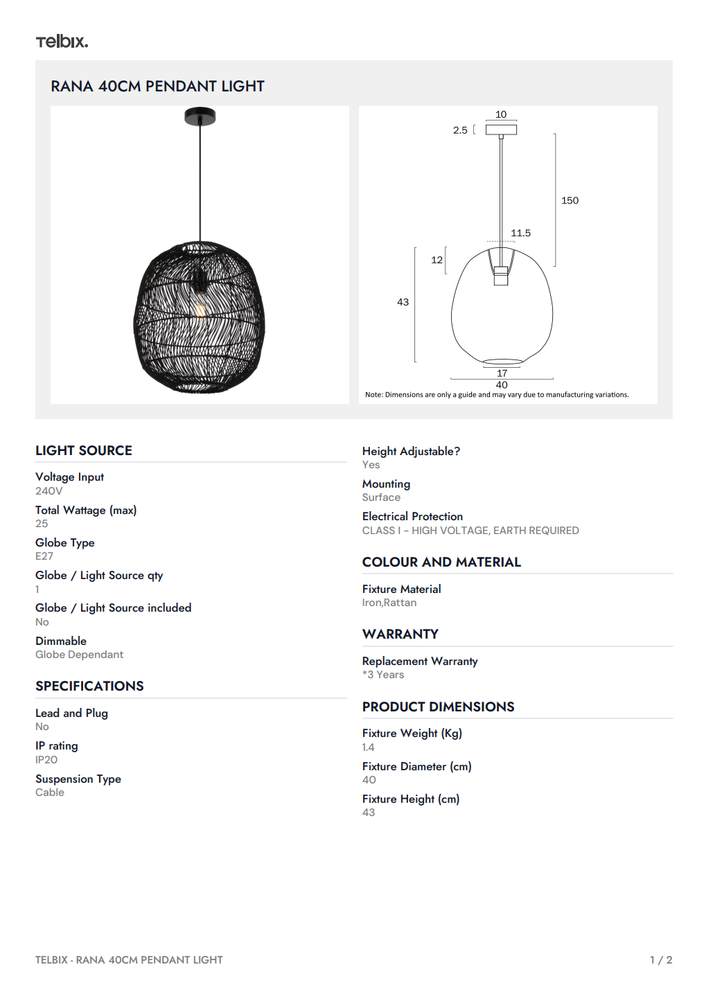 RANA 40CM Pendant Light – Brown