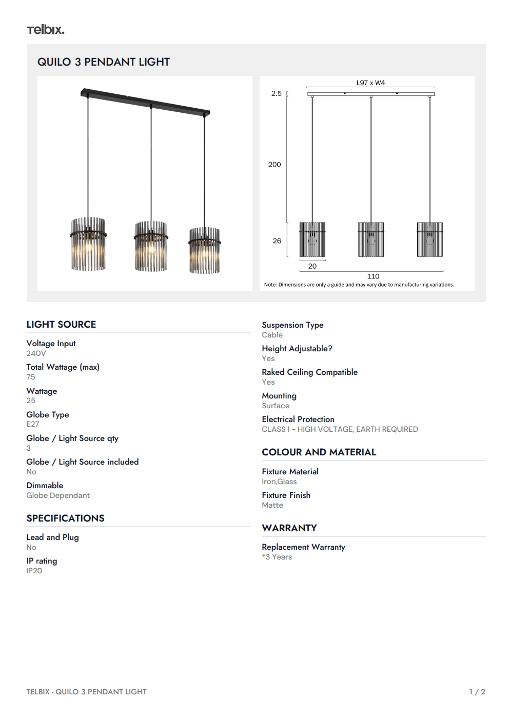QUILO 3 Pendant Light – Black/Smoke