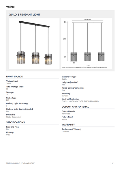 QUILO 3 Pendant Light – Black/Smoke