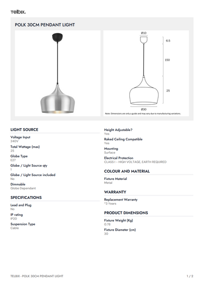 POLK 30CM Pendant Light –White