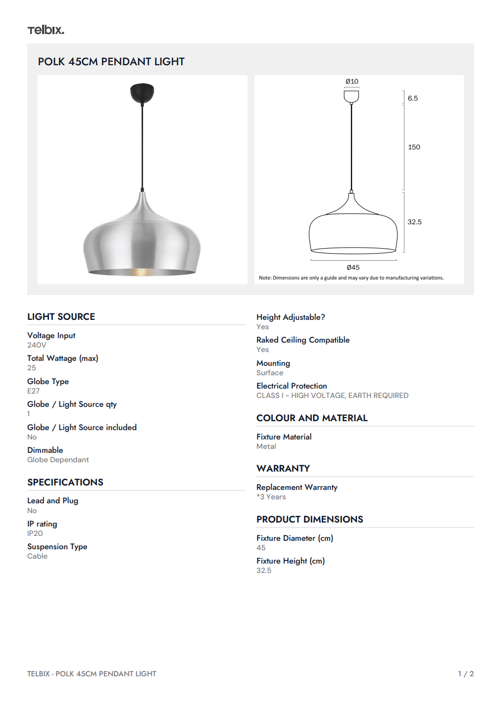 POLK 45CM Pendant Light – Aluminium