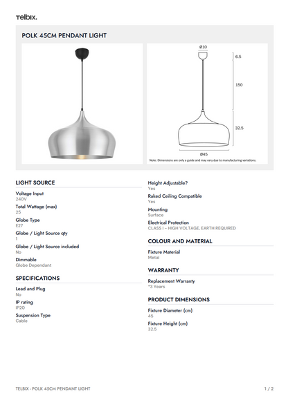 POLK 45CM Pendant Light – Aluminium