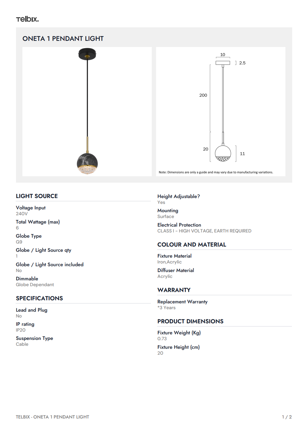 ONETA 1 Pendant Light – White
