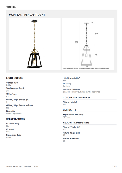 MONTEAL 1 Pendant Light – Antique Gold/Black