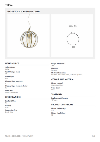 MEDINA 30CM Pendant Light - Atique Brass