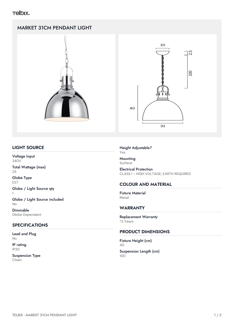 MARKET 31CM Pendant Light - Chrome