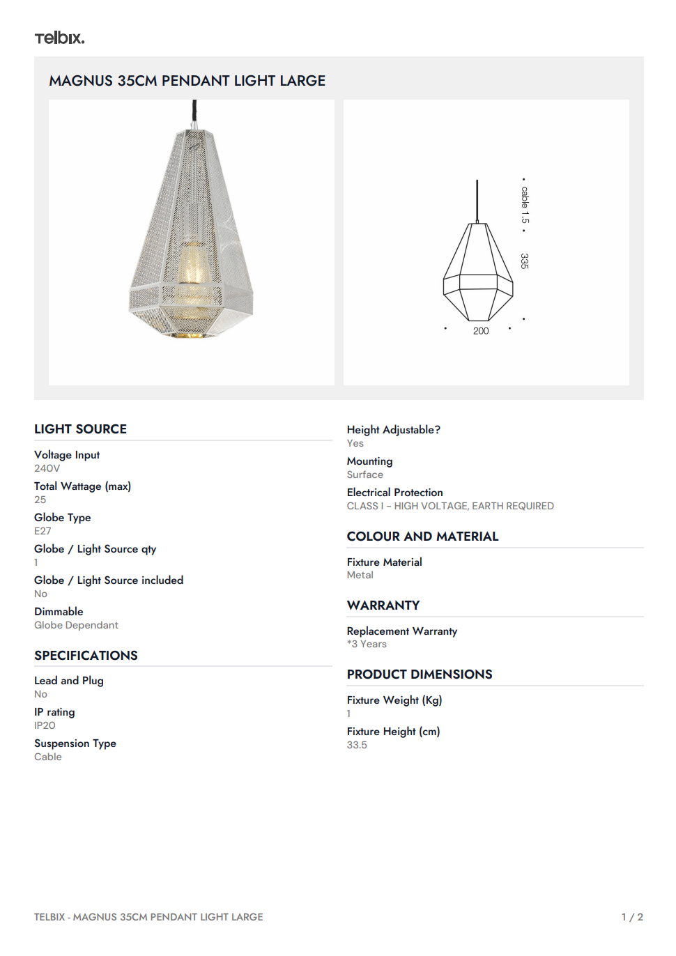 MAGNUS 35CM Pendant Light Large - Chrome
