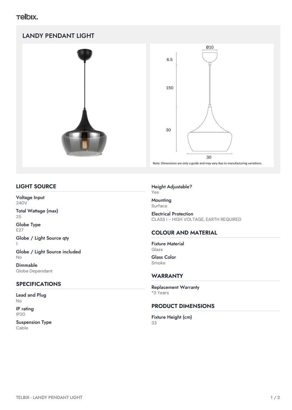 LANDY Pendant Light - Nickel/Smoke