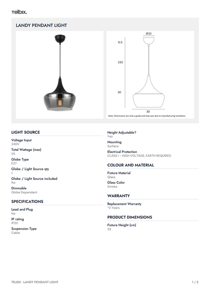 LANDY Pendant Light - Nickel/Smoke