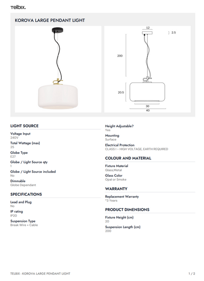 KOROVA Large Pendant Light  - Brass Matt/Opal