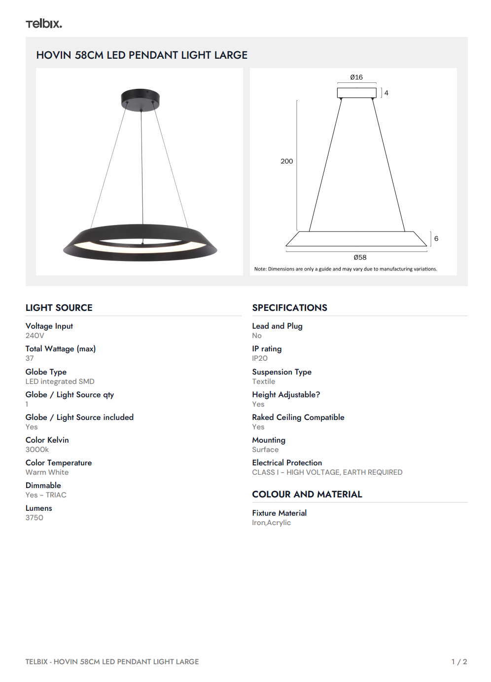 HOVIN 58CM LED Pendant Light Large - White