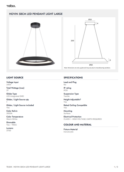 HOVIN 58CM LED Pendant Light Large - White