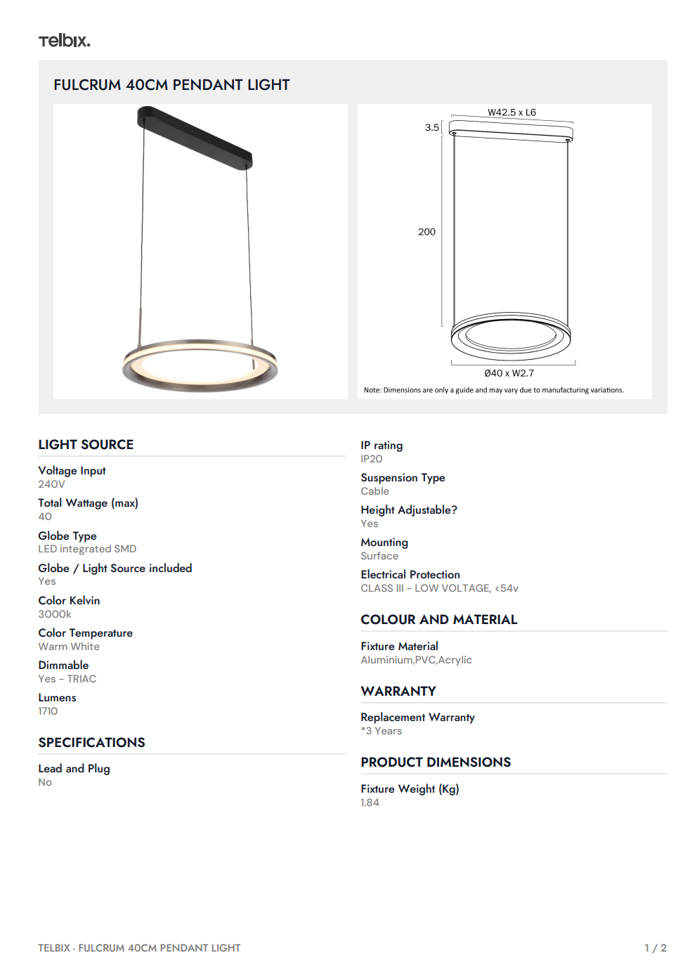 FULCRUM 40CM Pendant Light - Pearl/Grey