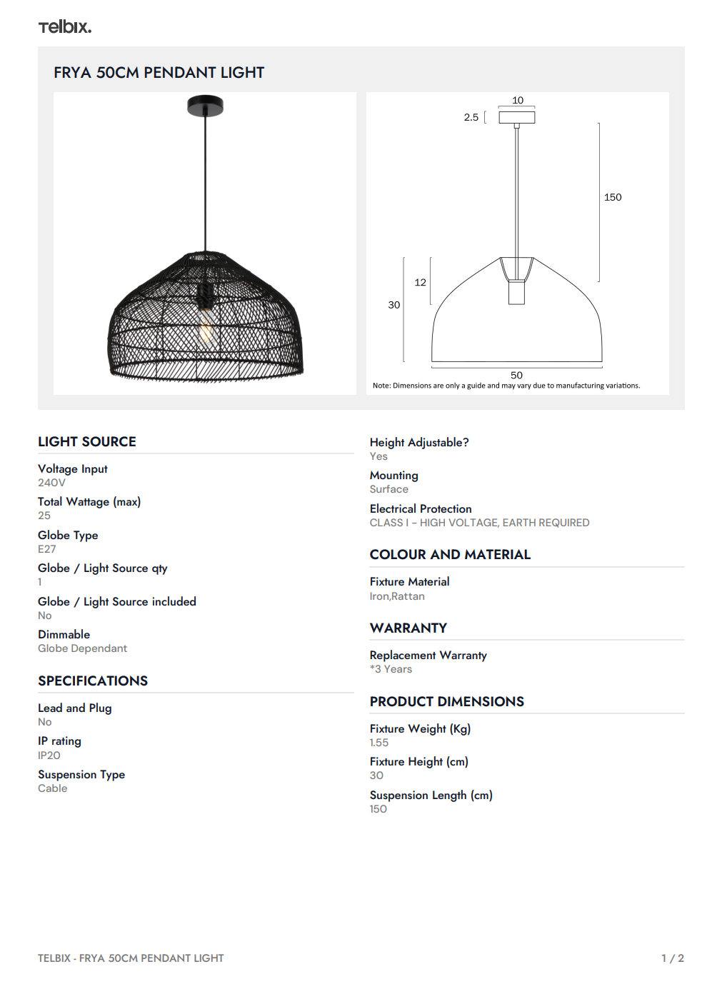FRYA 50CM Pendant Light - Natural