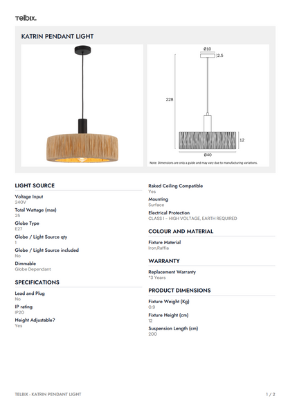 KATRIN Pendant Light - Black/Natural