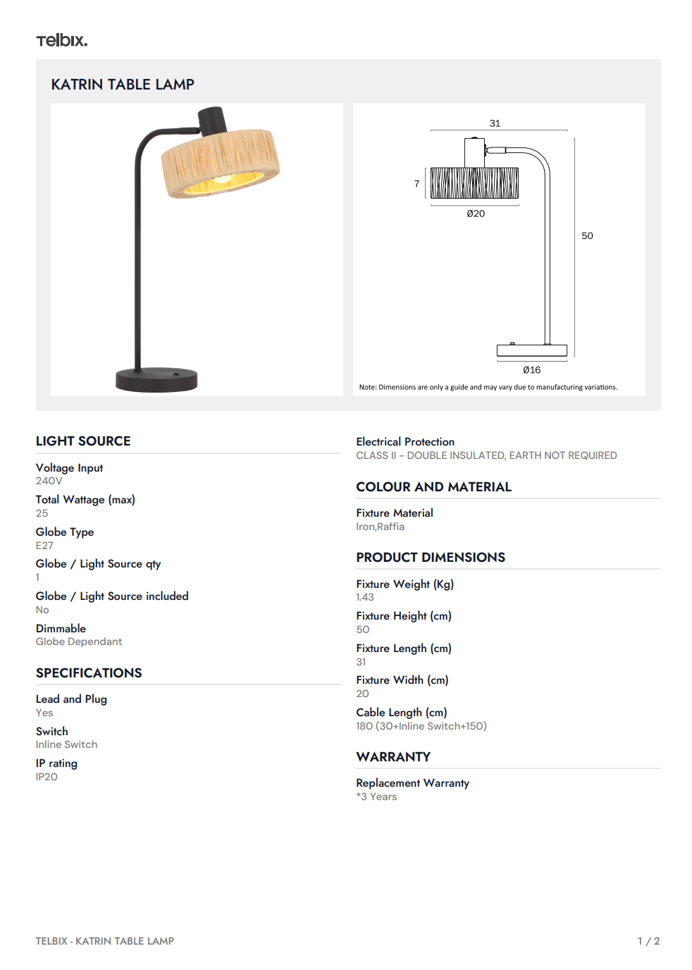 KATRIN Table Lamp - Black/Natural