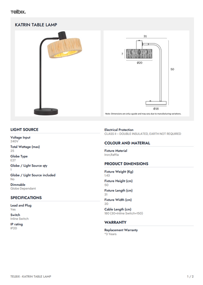 KATRIN Table Lamp - Black/Natural