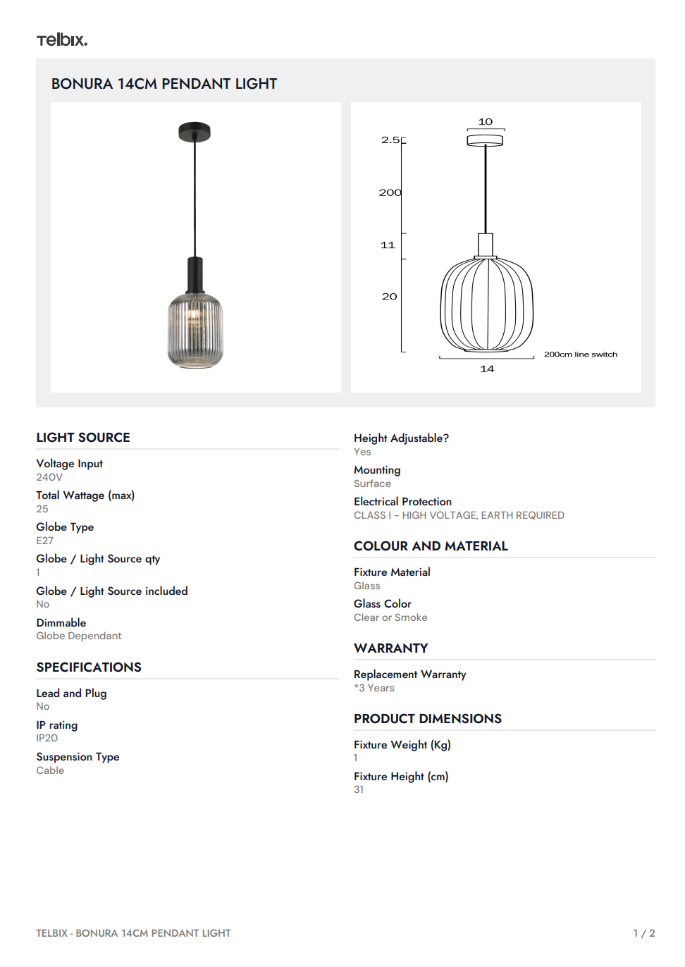 BONURA 14CM Pendant Light - Nickel/Clear