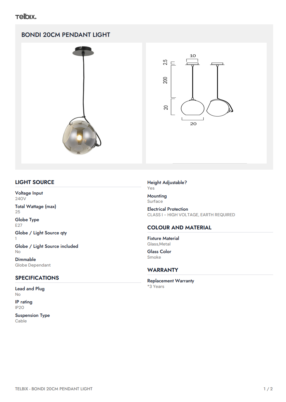 BONDI 20CM Pendant Light - Black/Smoke