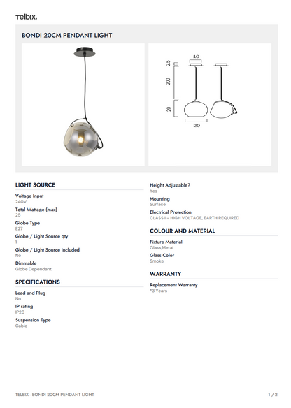 BONDI 20CM Pendant Light - Black/Smoke