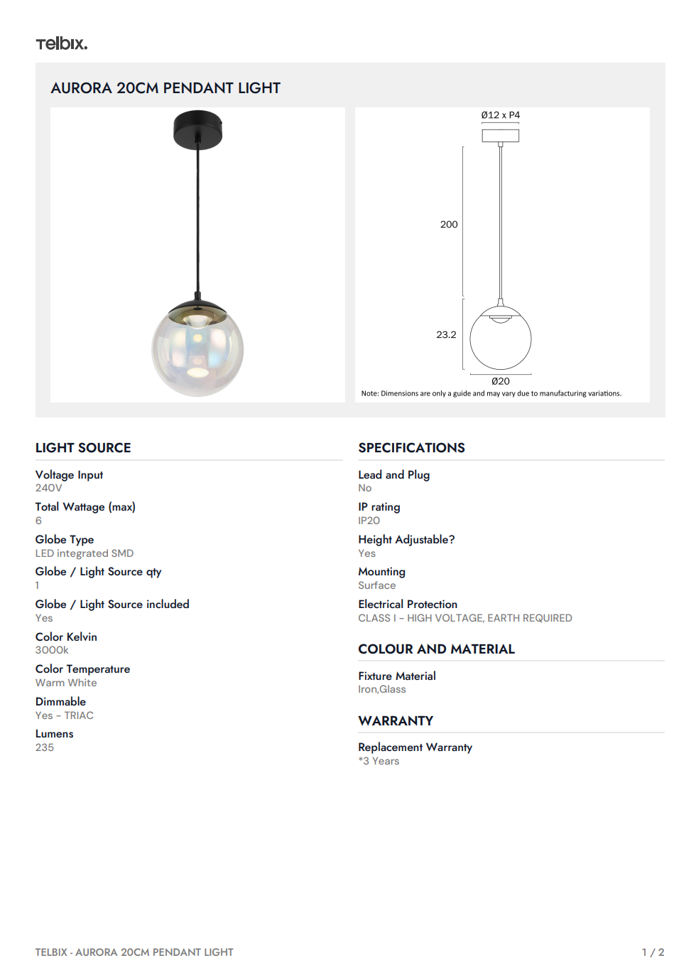 AURORA 20CM Pendant Light - Rainbow/Black
