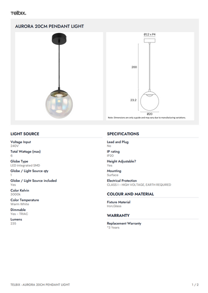 AURORA 20CM Pendant Light - Rainbow/Black