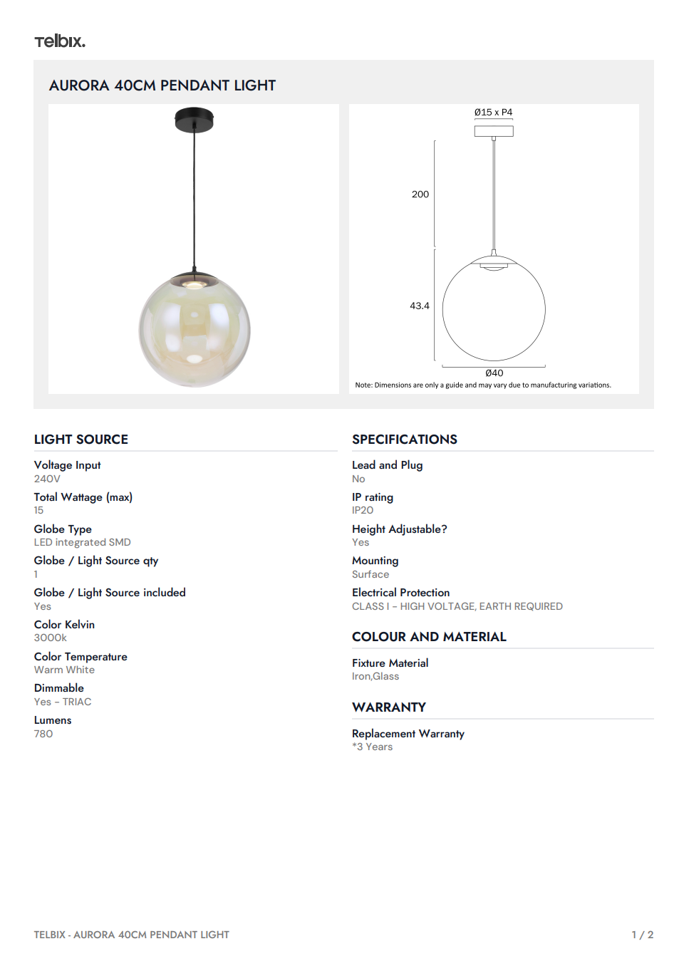 AURORA 40CM Pendant Light - Rainbow/Black