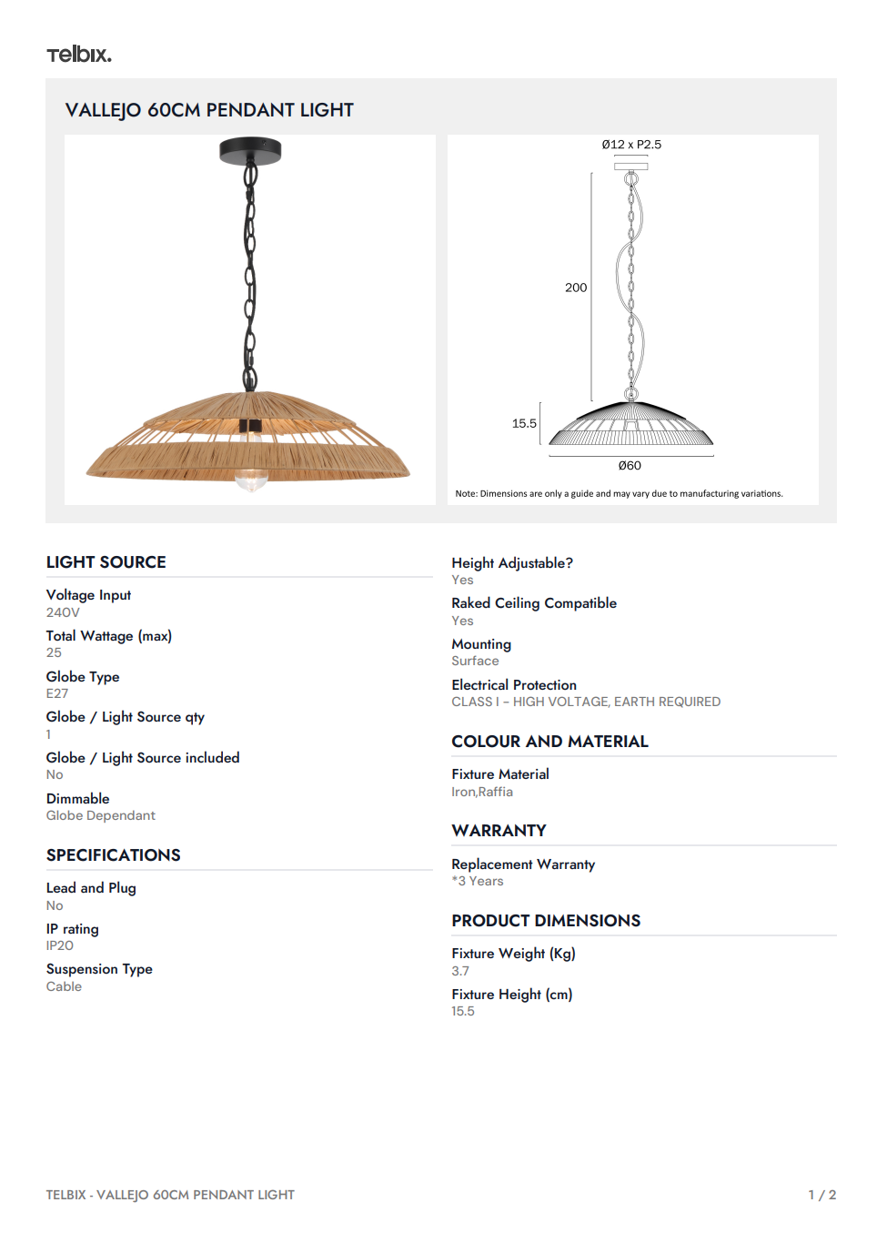 VALLEJO 60CM Pendant Light - Natural