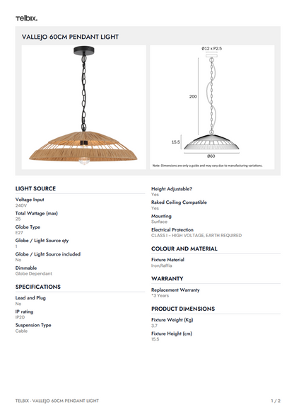 VALLEJO 60CM Pendant Light - Natural