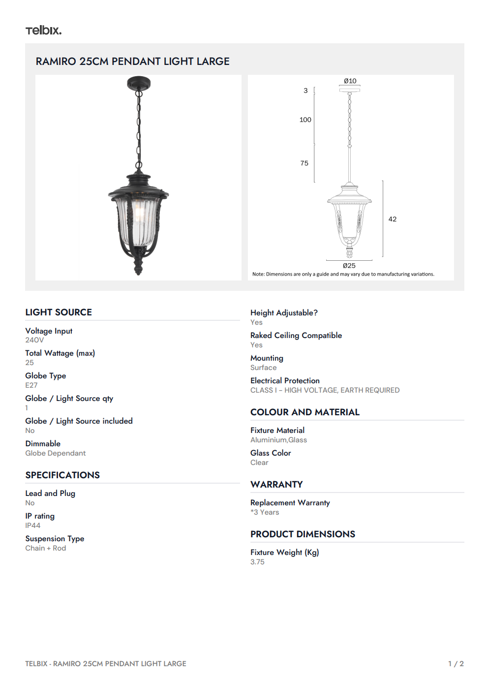 RAMIRO 25CM Pendant Light Large - Black