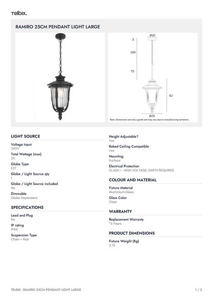 RAMIRO 25CM Pendant Light Large - Black