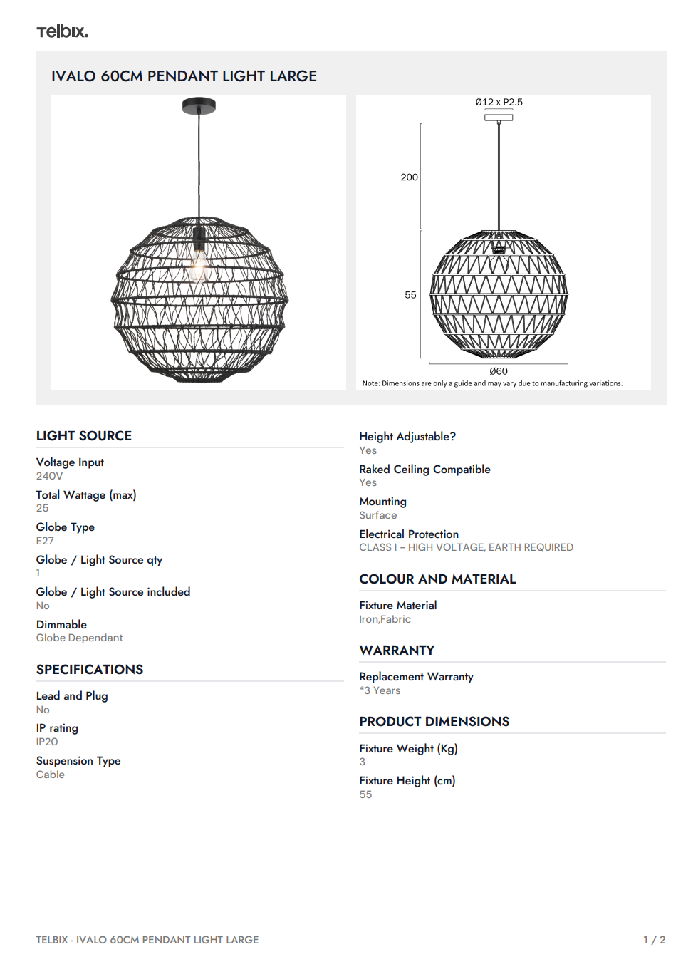 IVALO 60CM Pendant Light Large - Black