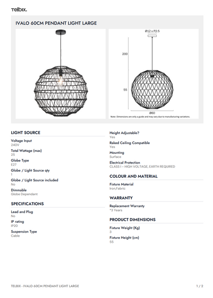 IVALO 60CM Pendant Light Large - Black