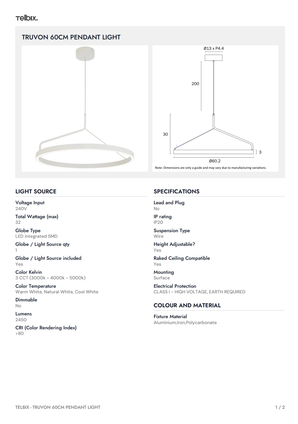 TRUVON 60CM Pendant Light - Black
