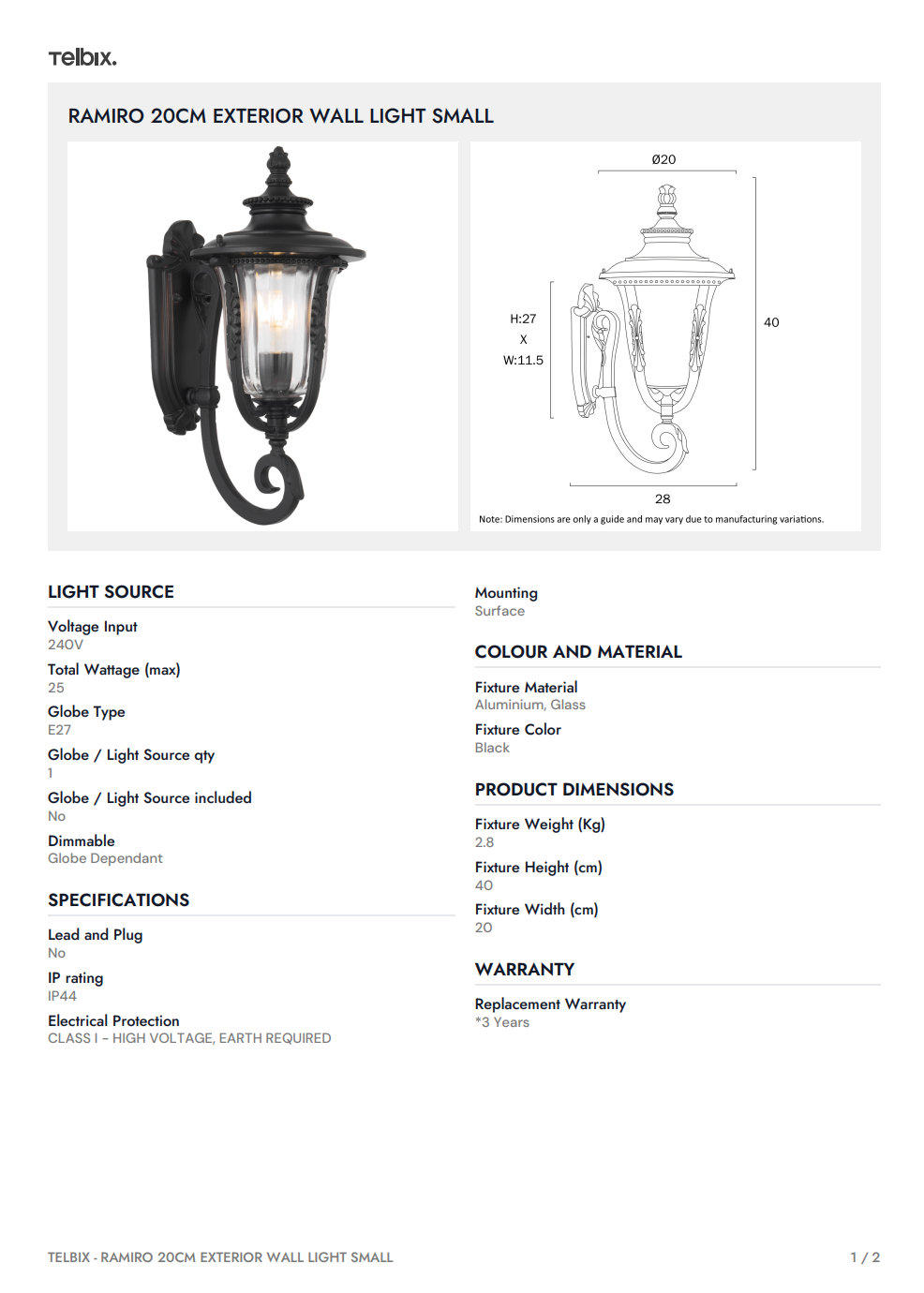 RAMIRO 20CM Exterior Wall Light Small - Black