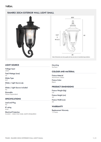 RAMIRO 20CM Exterior Wall Light Small - Black