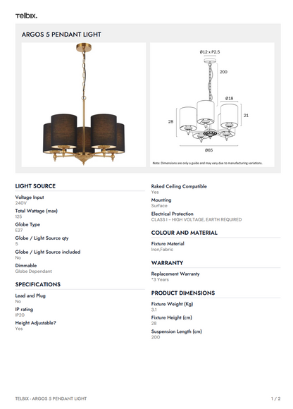 ARGOS 5 Pendant Light - Antique Gold/Black