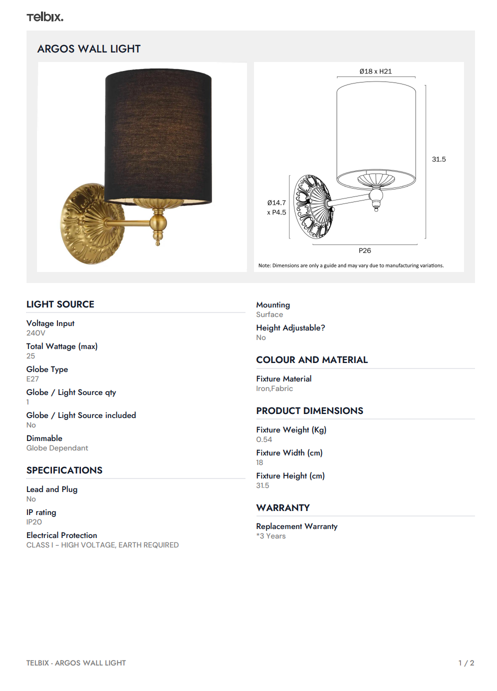 ARGOS Wall Light - Antique Gold/Ivory
