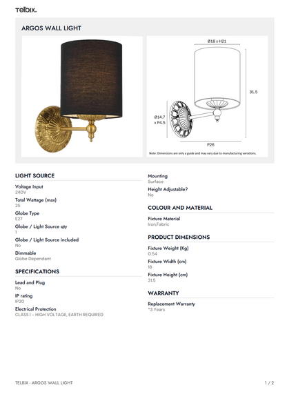 ARGOS Wall Light - Antique Gold/Ivory