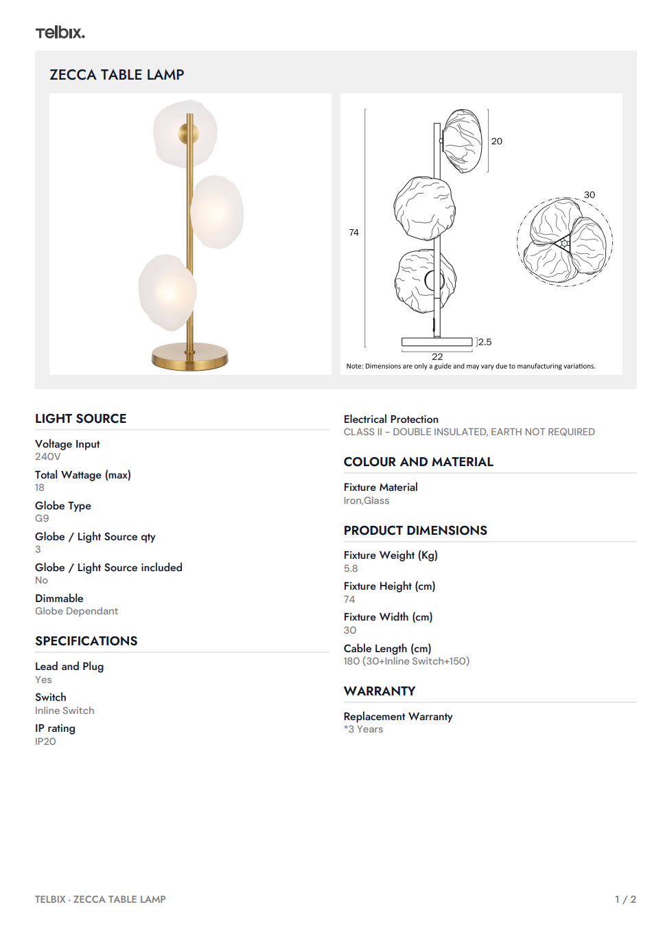 ZECCA 3 Light Table Lamp - Antique Gold/Frost
