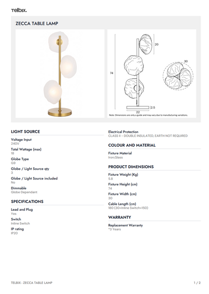 ZECCA 3 Light Table Lamp - Antique Gold/Frost