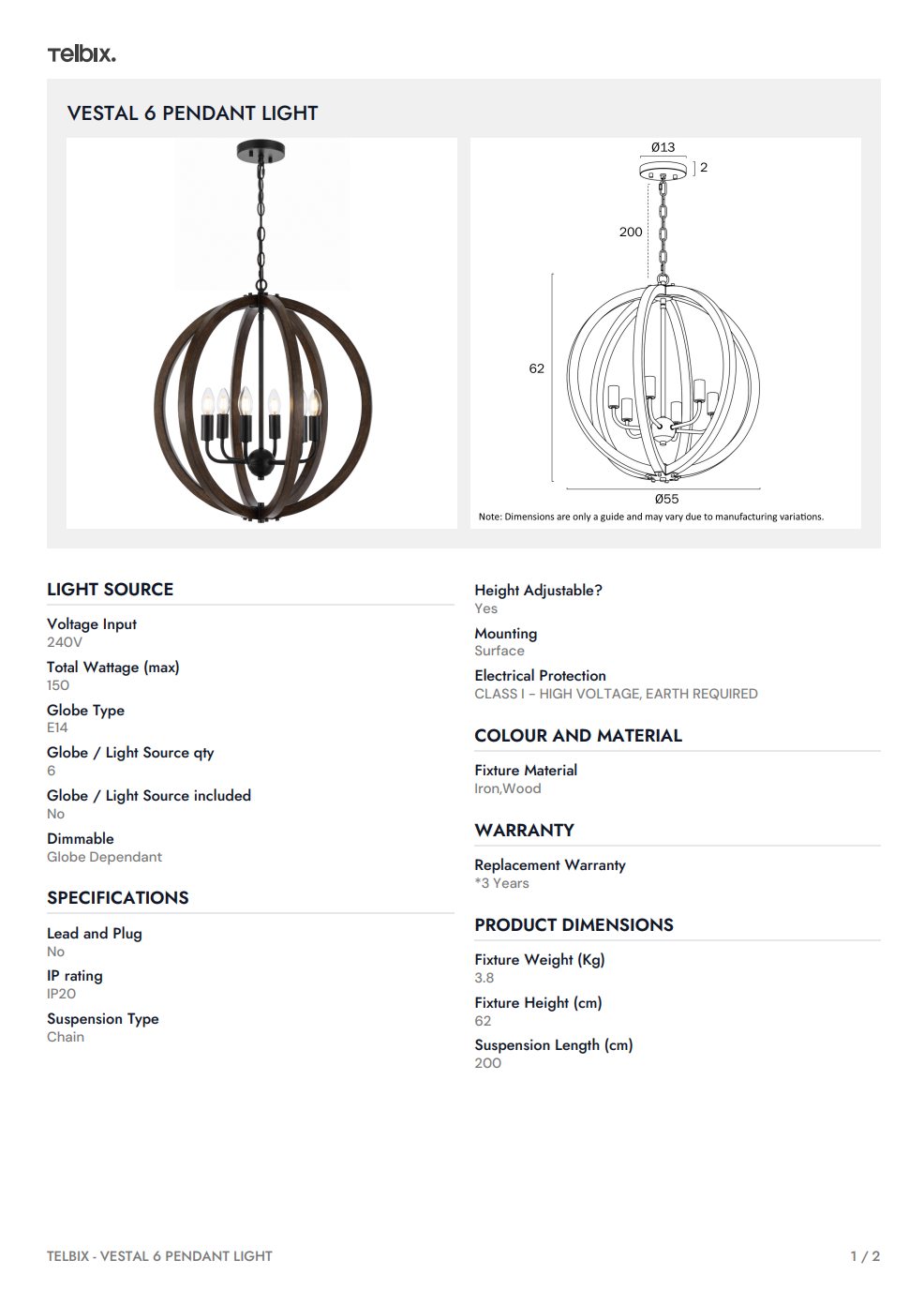 VESTAL 6 Pendant Light - Black