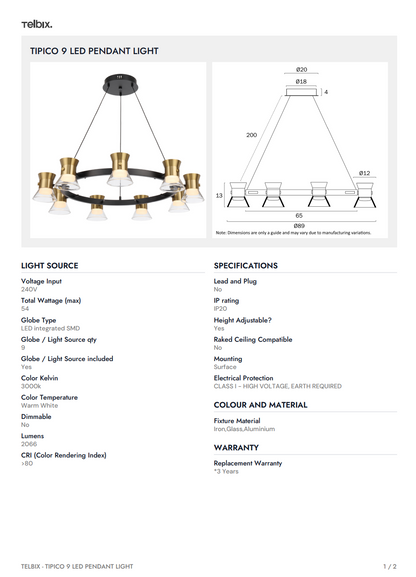 TIPICO 9 LED Pendant Light - Gold