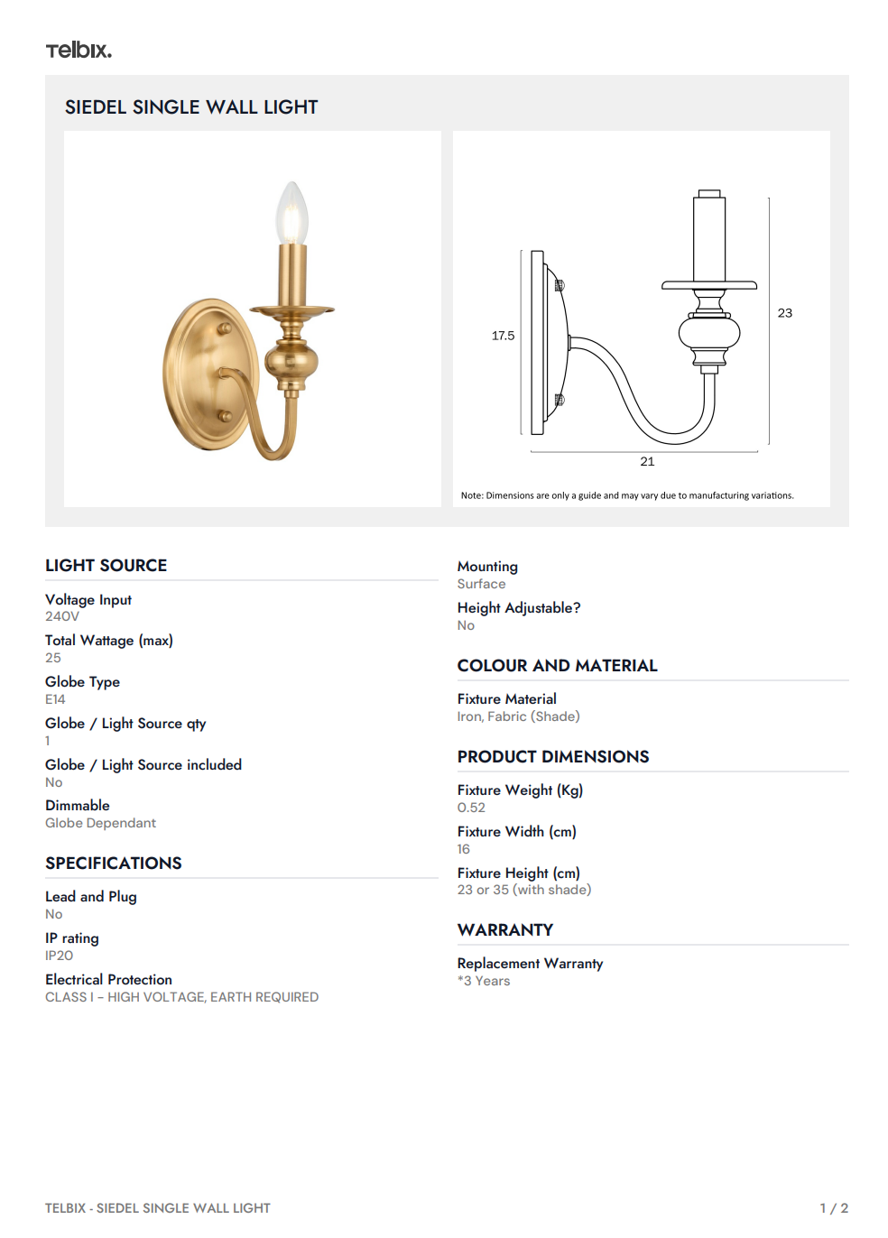 SIEDEL Single Wall Light - With Shade