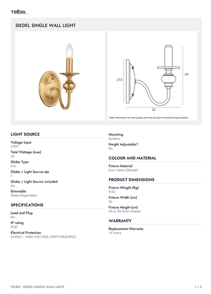 SIEDEL Single Wall Light - With Shade