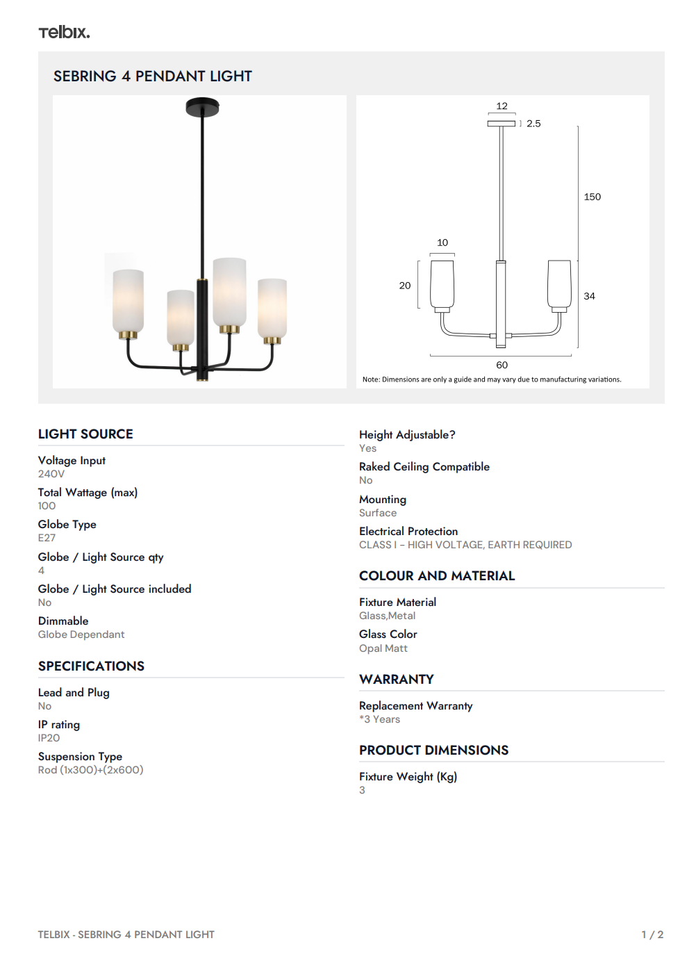 SEBRING 4 Pendant Light - Black/Opal Matt