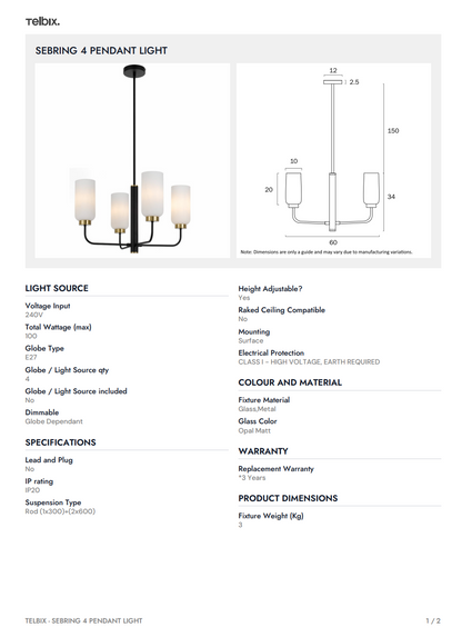 SEBRING 4 Pendant Light - Black/Opal Matt