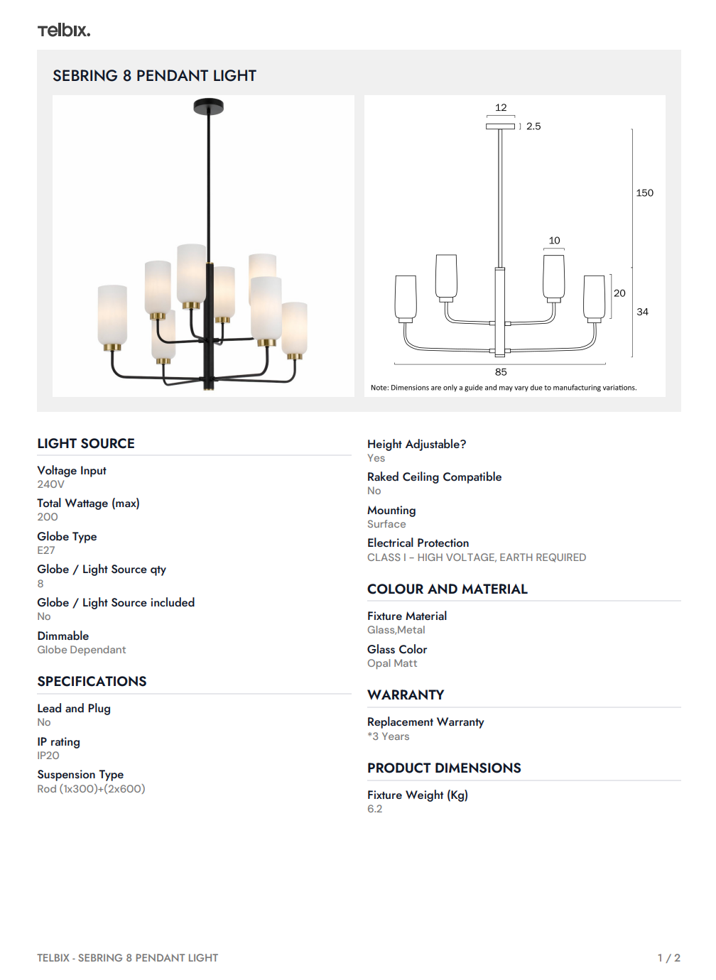 SEBRING 8 Pendant Light - Black/Opal Matt