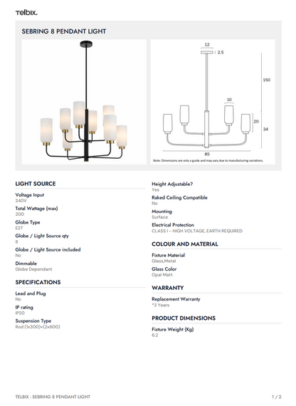 SEBRING 8 Pendant Light - Black/Opal Matt